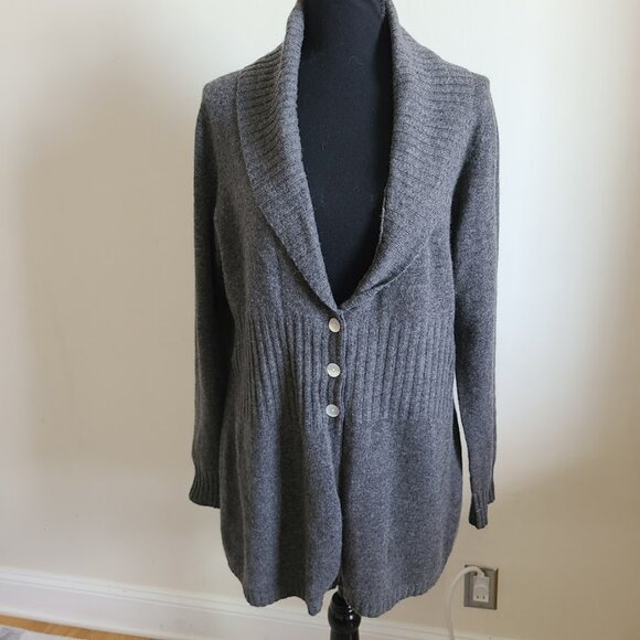 Precious Fibers 100% Cashmere Gray Long Shawl Collar Cardigan Sweater L Coatigan - Picture 1 of 8